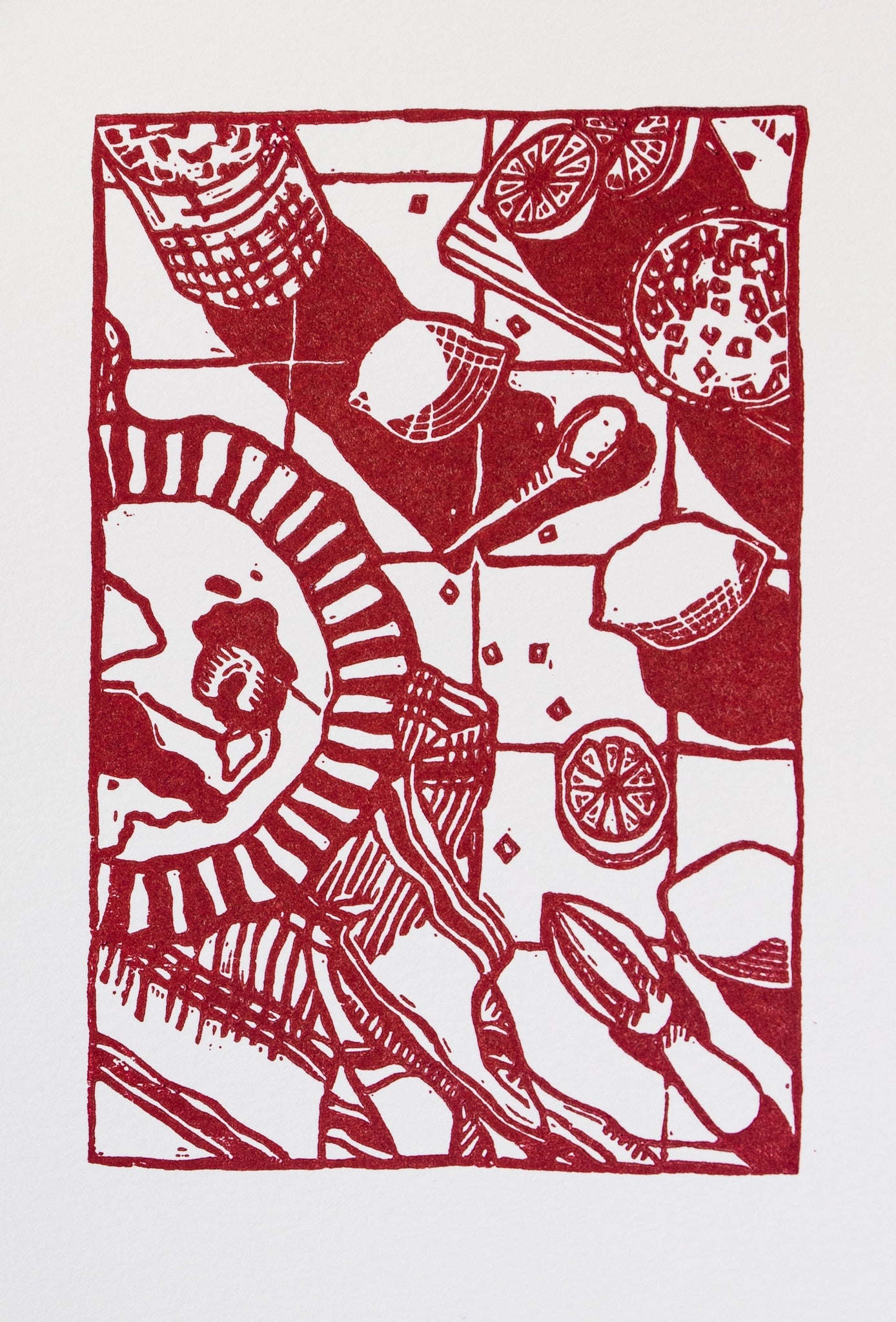 "Cocktail hour", lino print