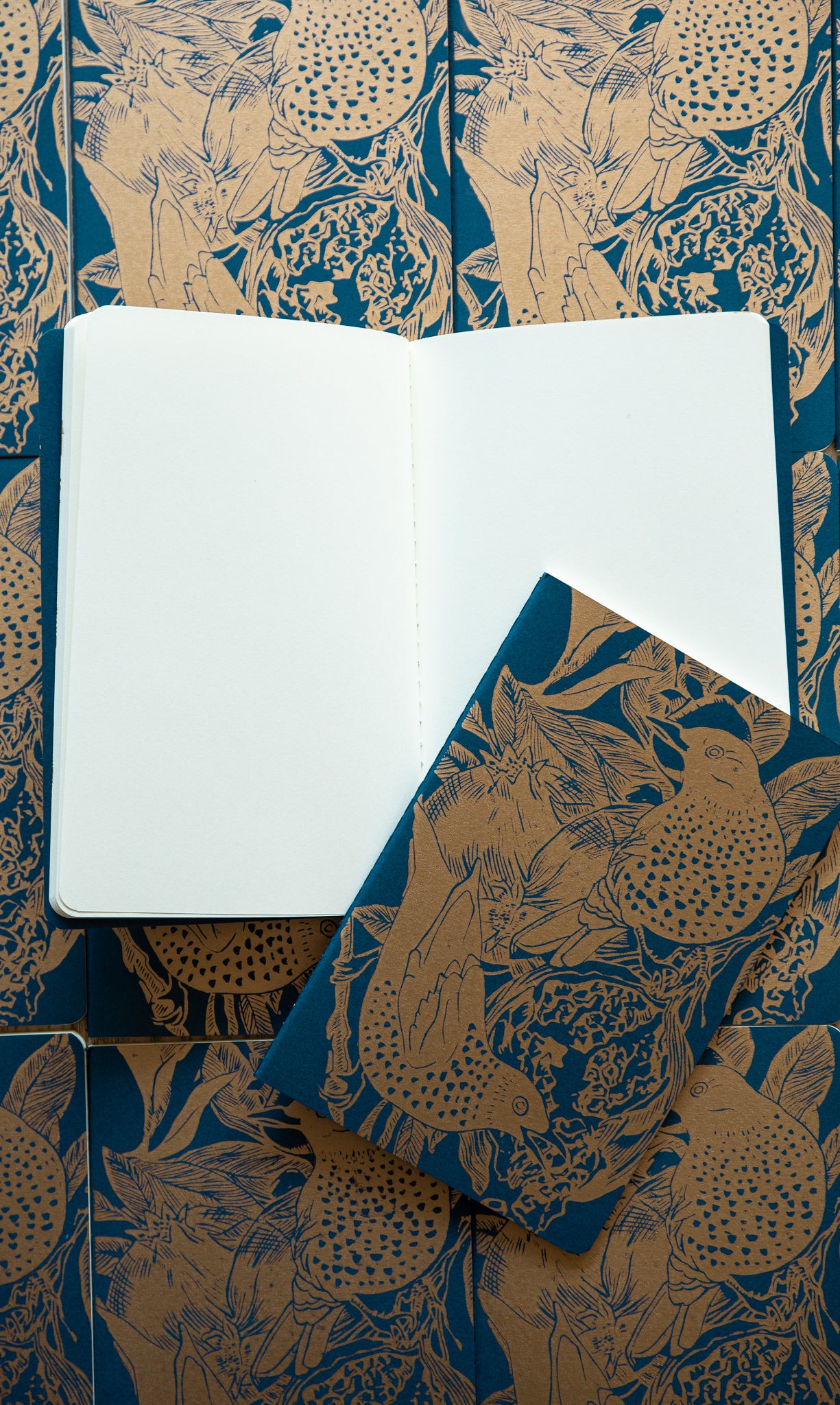 Dark blue and gold notebook, Starling and pomegranate