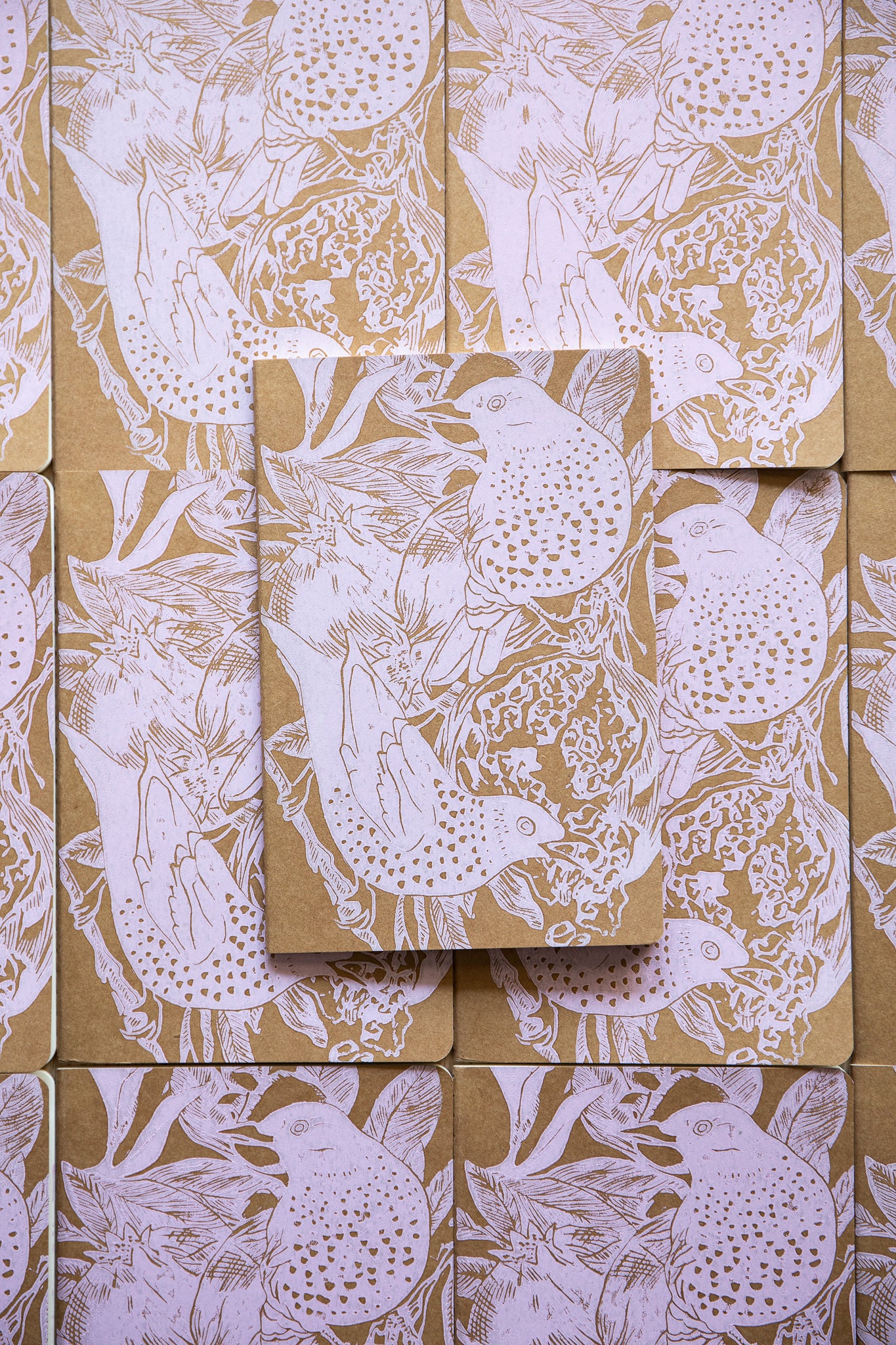 Kraft cover and pink notebook, Starling and pomegranate