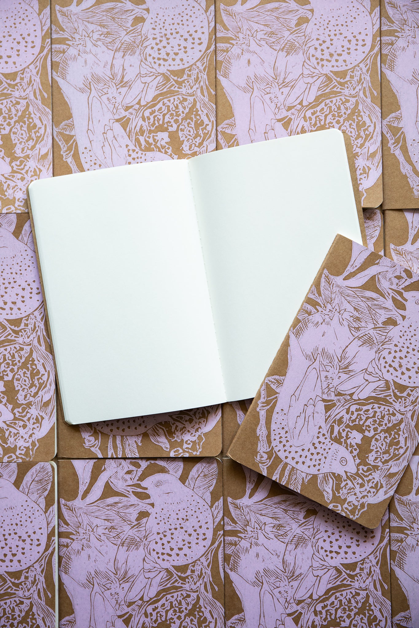 Kraft cover and pink notebook, Starling and pomegranate