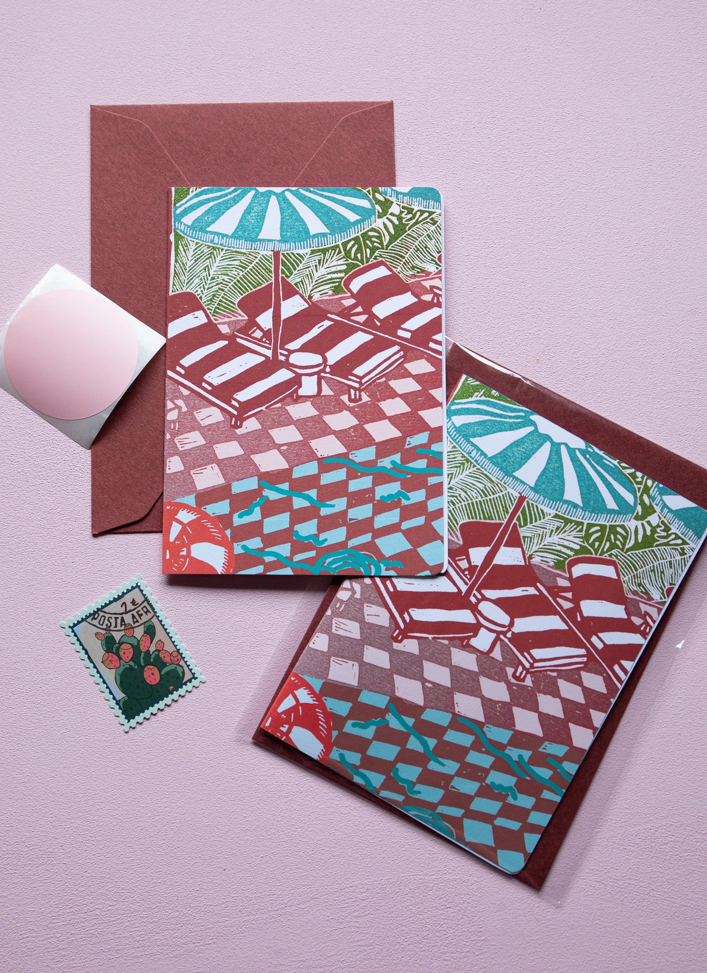 Swimming pool A6 folded card, set