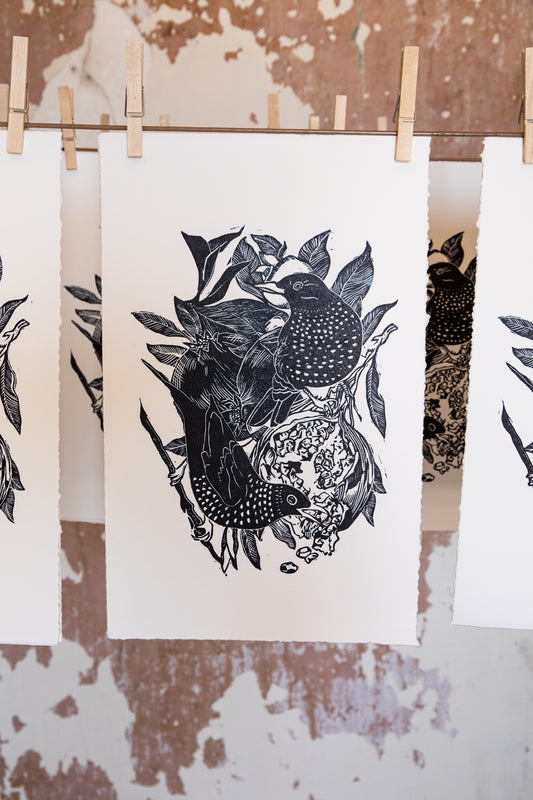"Starling and pomegranate", lino print