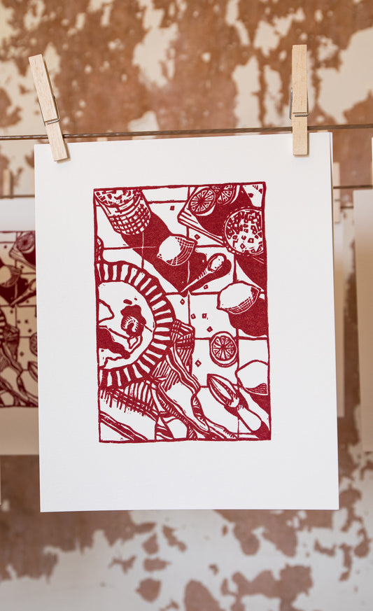 "Cocktail hour", lino print