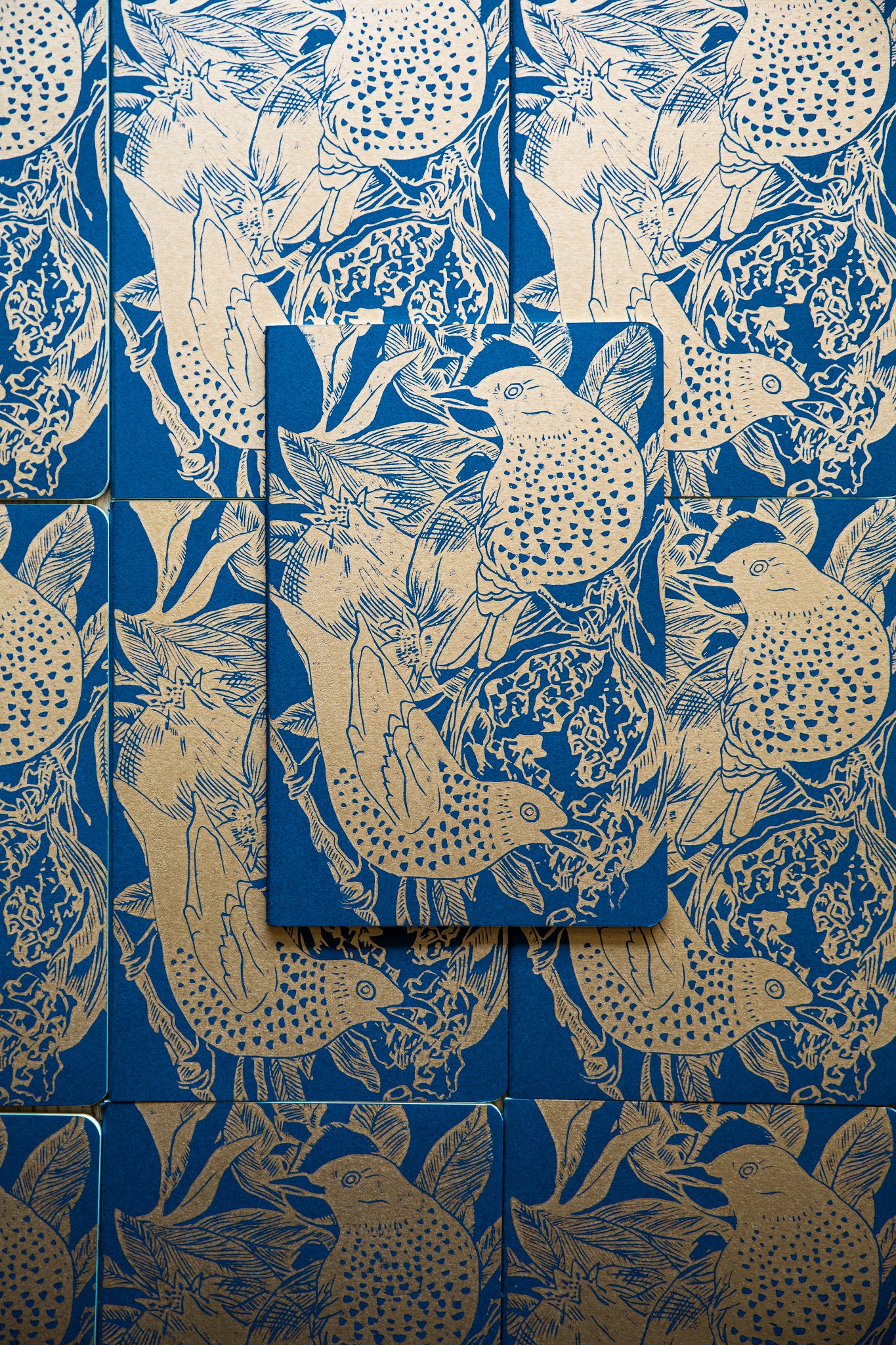 Dark blue and gold notebook, Starling and pomegranate