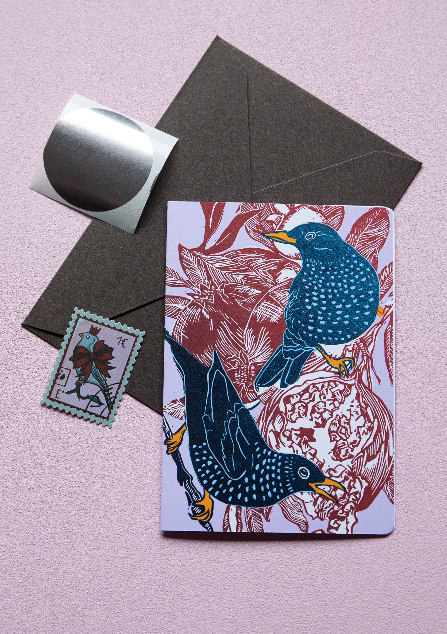Starling and pomegranate A6 folded card, set