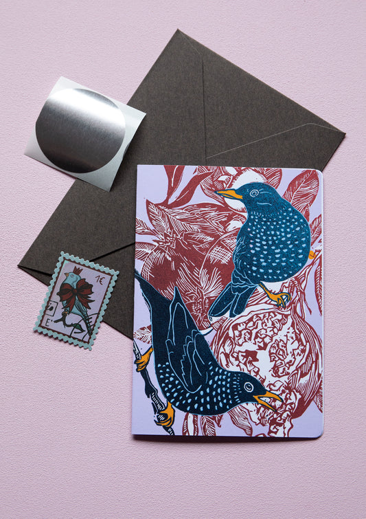 Starling and pomegranate A6 folded card, set