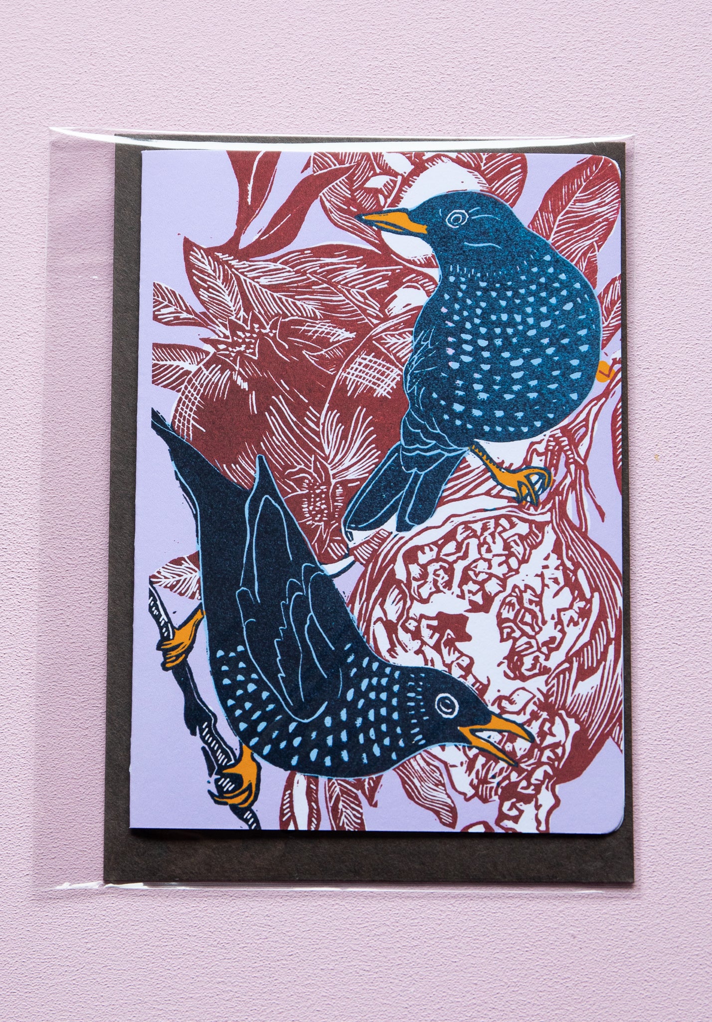 Starling and pomegranate A6 folded card, set