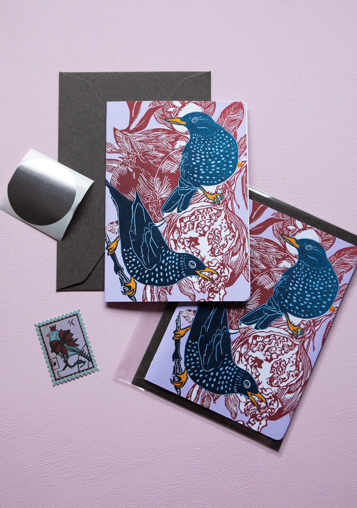 Starling and pomegranate A6 folded card, set