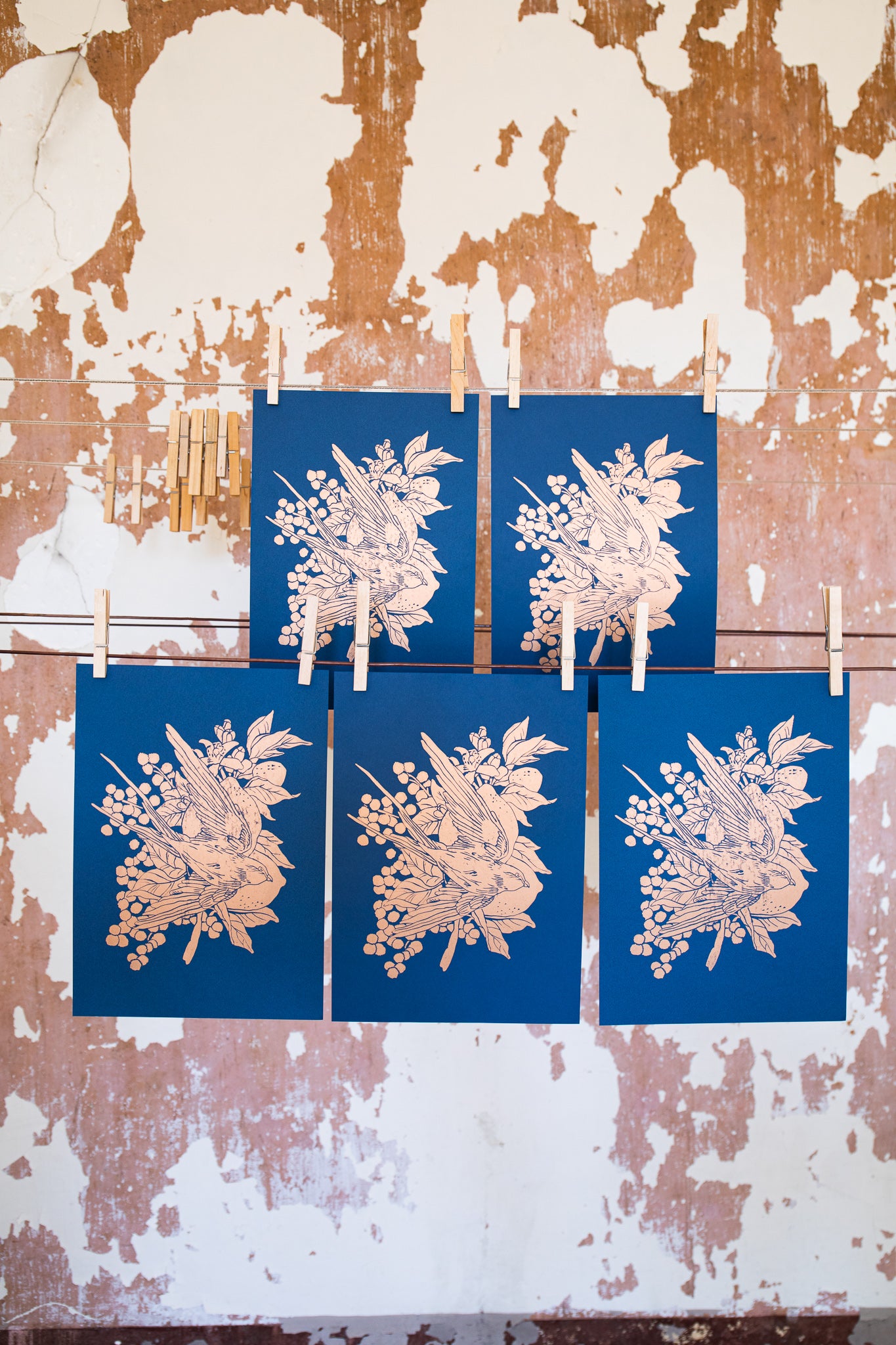 "Lemon and mimosa" dark blue and copper lino print