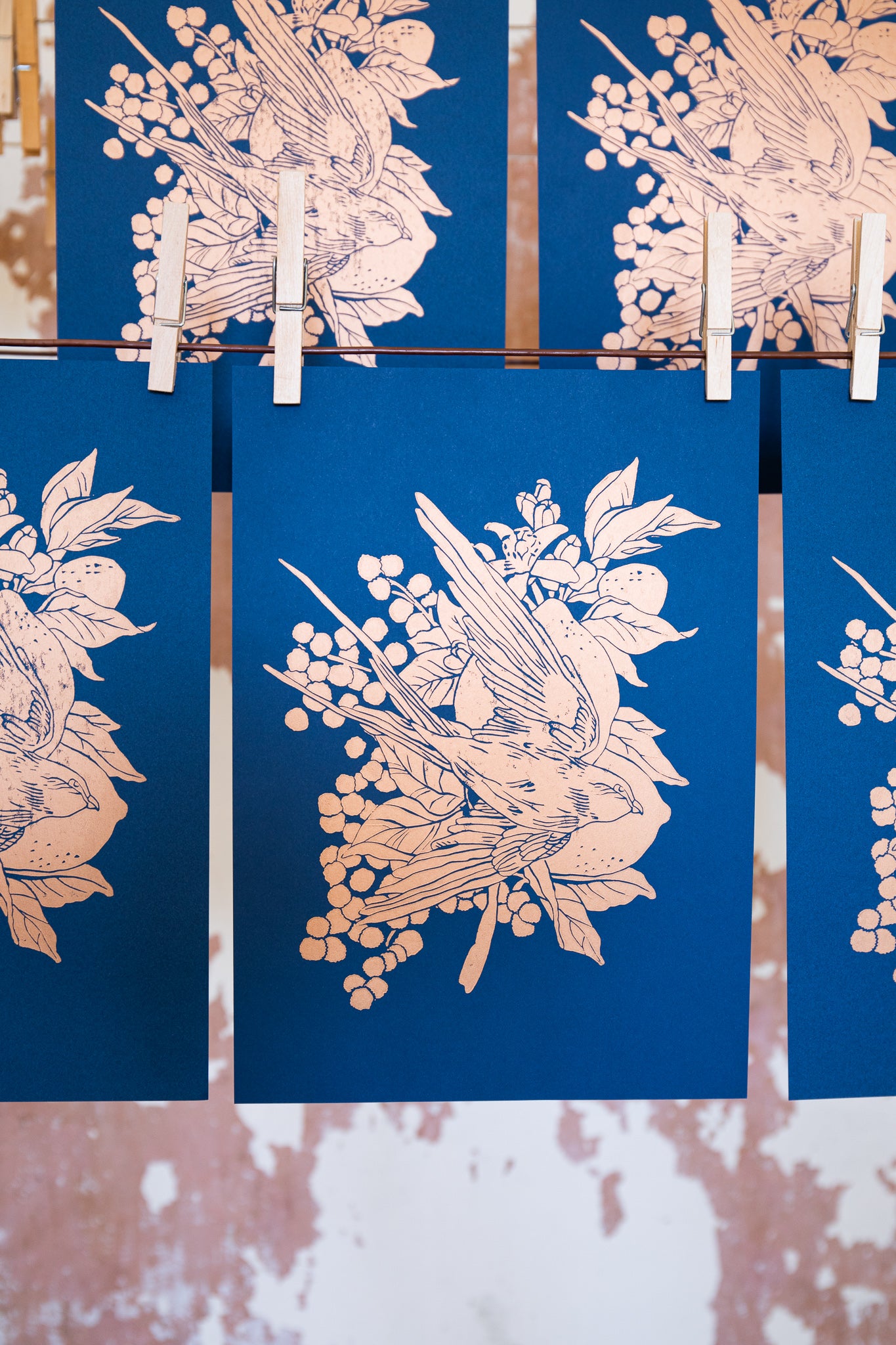 "Lemon and mimosa" dark blue and copper lino print