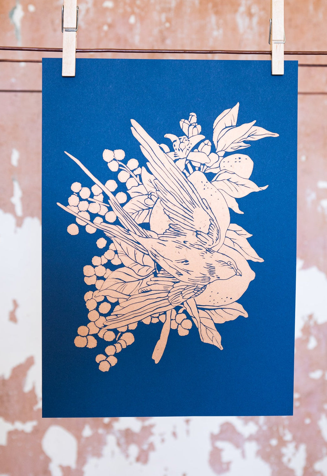 "Lemon and mimosa" dark blue and copper lino print