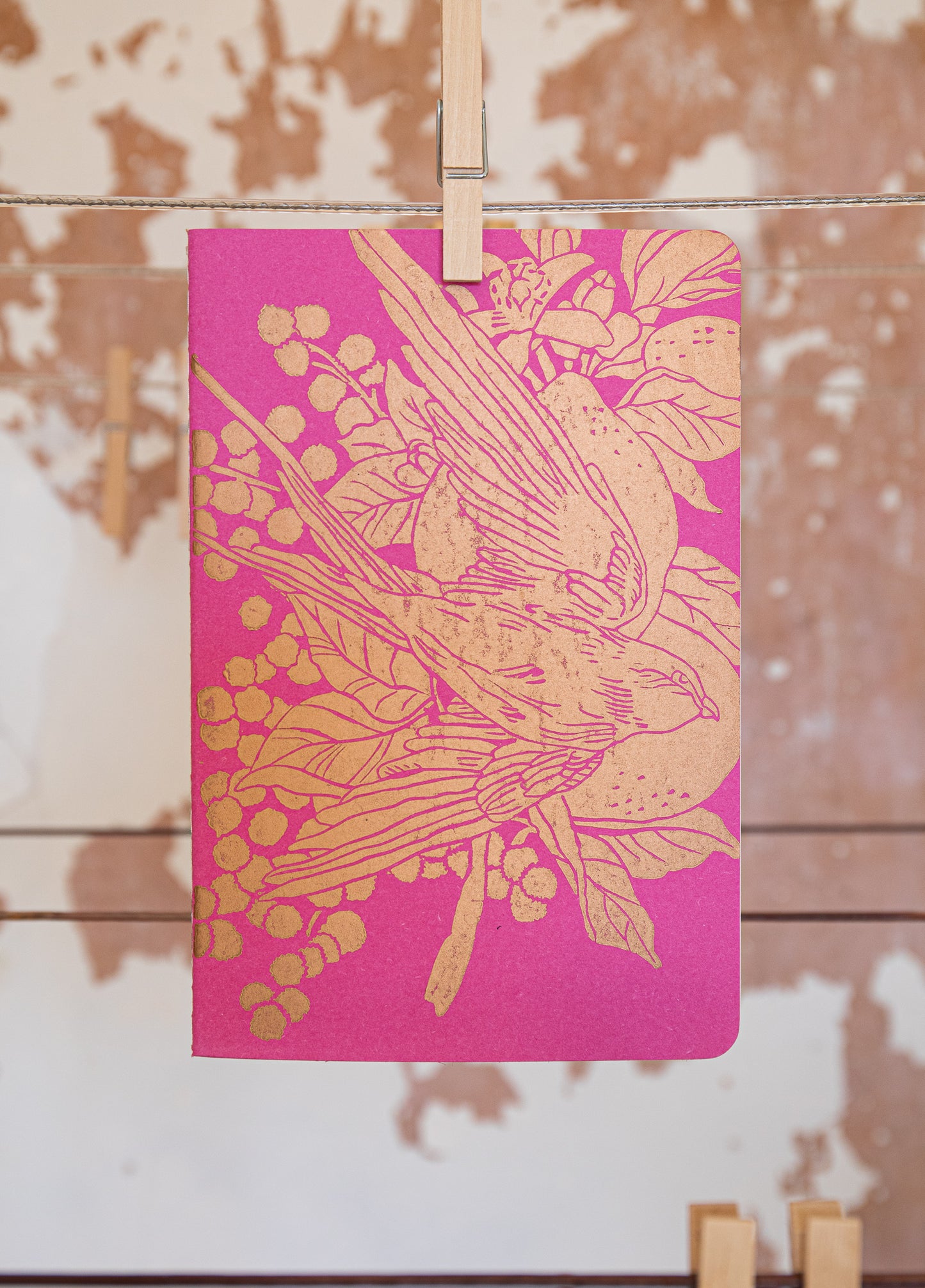 Lemon and mimosa notebook, dark pink and copper. A5